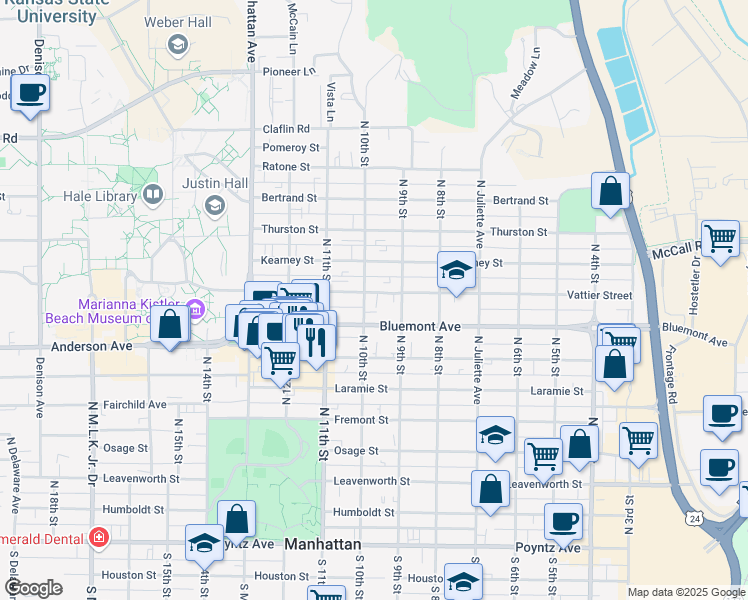 map of restaurants, bars, coffee shops, grocery stores, and more near 931 Vattier Street in Manhattan