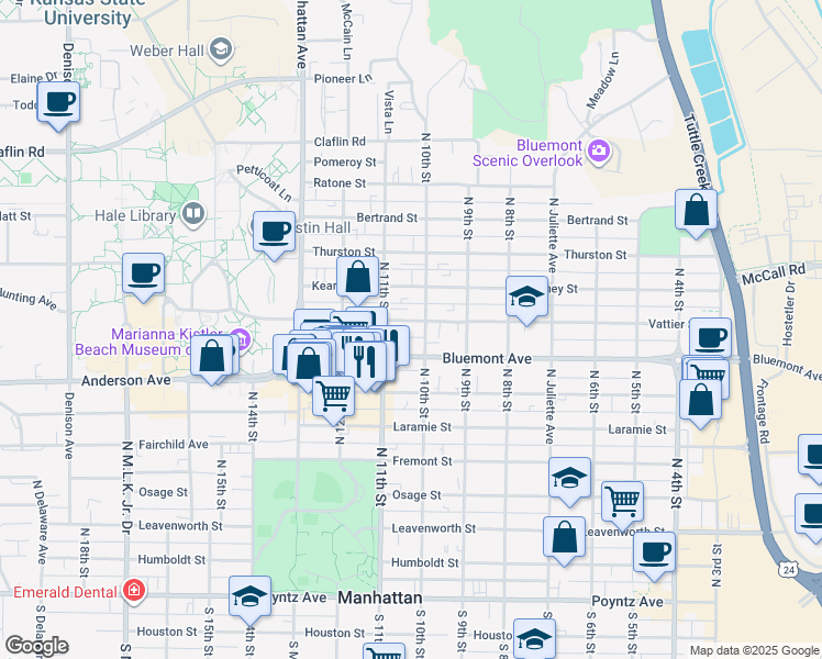 map of restaurants, bars, coffee shops, grocery stores, and more near 931 Vattier Street in Manhattan
