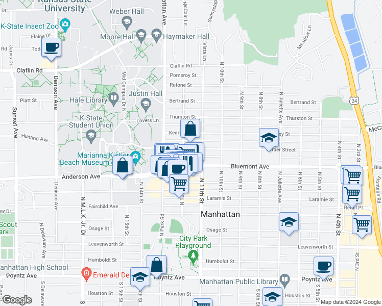 map of restaurants, bars, coffee shops, grocery stores, and more near 1127 Vattier Street in Manhattan