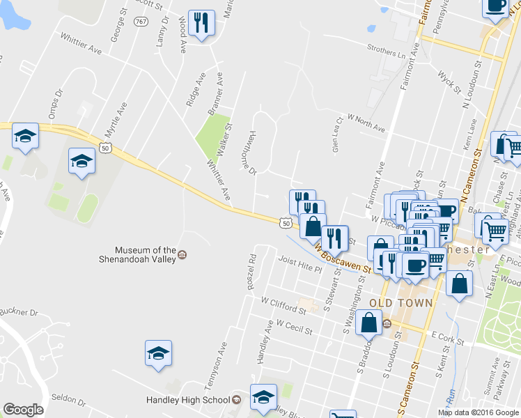 map of restaurants, bars, coffee shops, grocery stores, and more near 530 Amherst St in Winchester