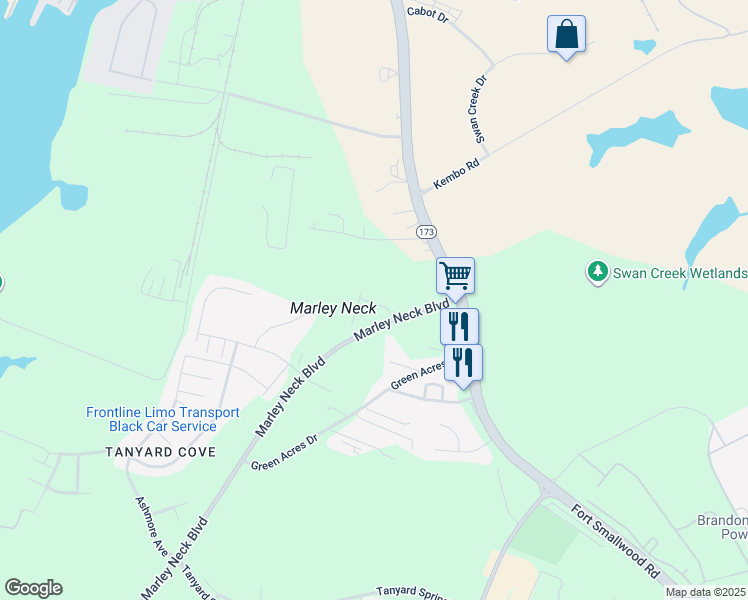 map of restaurants, bars, coffee shops, grocery stores, and more near 6831 Winterhill Lane in Glen Burnie