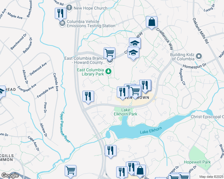 map of restaurants, bars, coffee shops, grocery stores, and more near 7381 Kerry Hill Court in Columbia