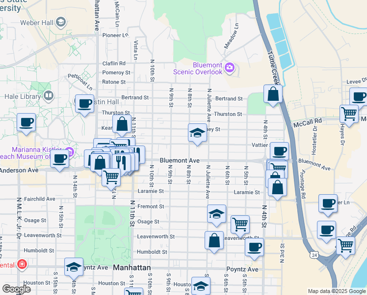map of restaurants, bars, coffee shops, grocery stores, and more near 809 Vattier Street in Manhattan
