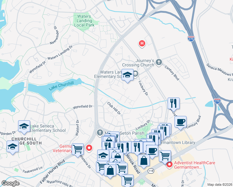 map of restaurants, bars, coffee shops, grocery stores, and more near 13110 Pickering Drive in Germantown