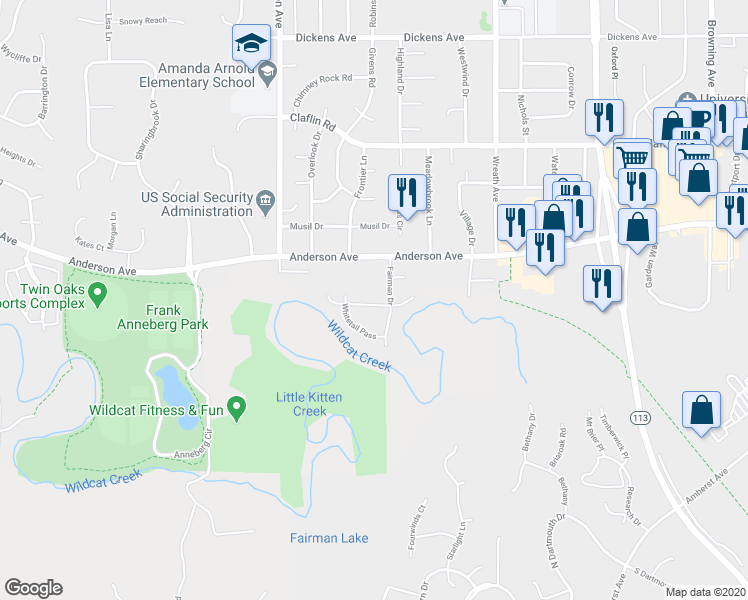 map of restaurants, bars, coffee shops, grocery stores, and more near 3408 Woodduck Way in Manhattan