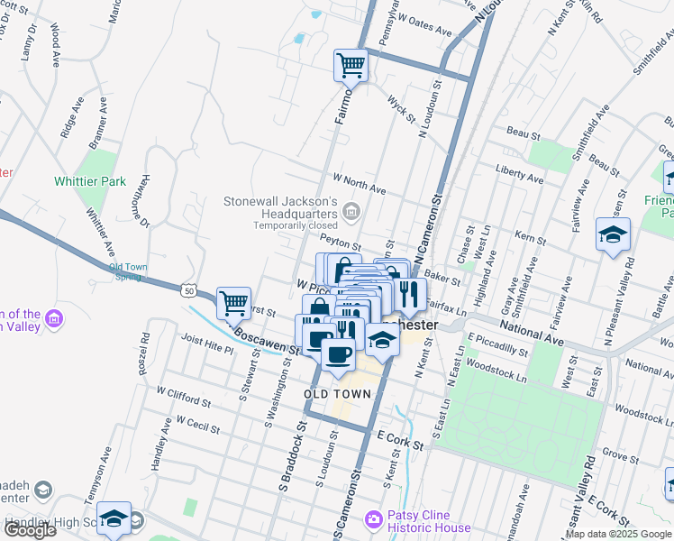 map of restaurants, bars, coffee shops, grocery stores, and more near 118 W Fairfax Ln in Winchester