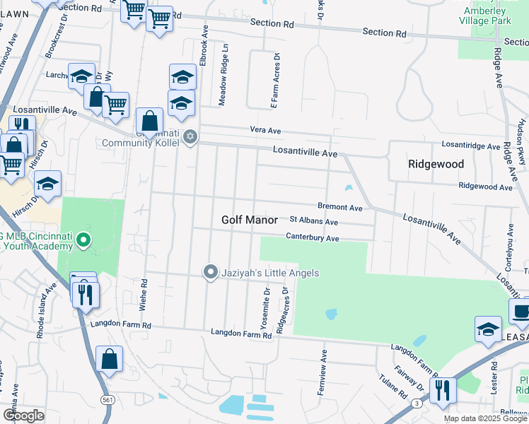 map of restaurants, bars, coffee shops, grocery stores, and more near 2416 Saint Albans Avenue in Cincinnati