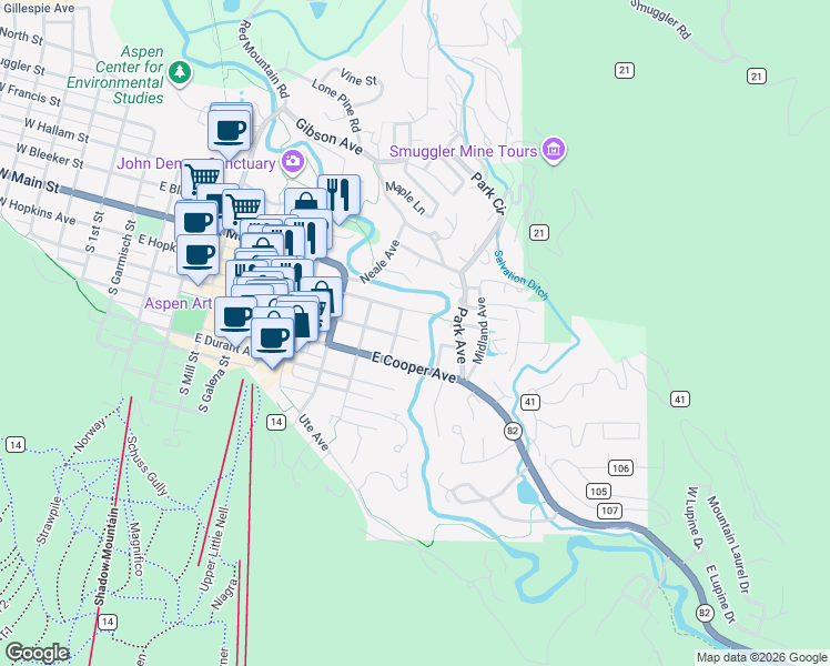 map of restaurants, bars, coffee shops, grocery stores, and more near 1016 East Hyman Avenue in Aspen