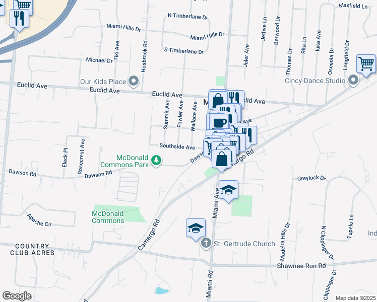 map of restaurants, bars, coffee shops, grocery stores, and more near 7415 Southside Avenue in Cincinnati