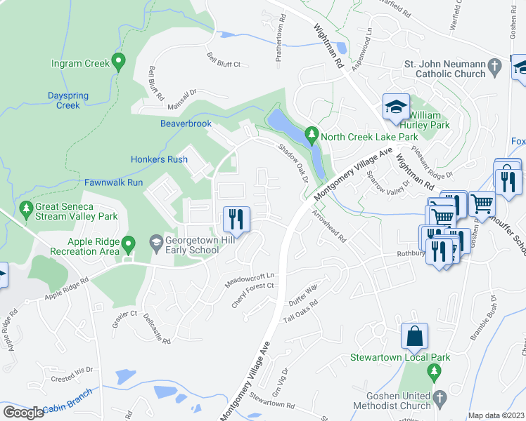 map of restaurants, bars, coffee shops, grocery stores, and more near 9701 Inlet Point Court in Montgomery Village