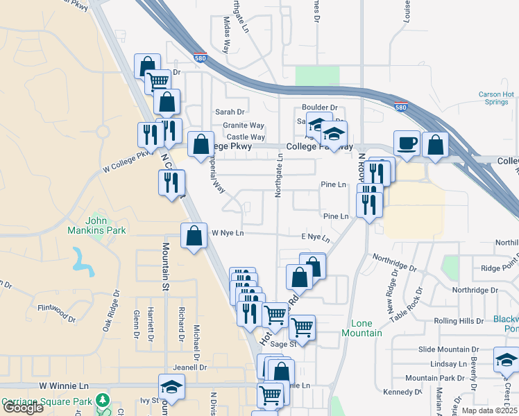 map of restaurants, bars, coffee shops, grocery stores, and more near 3108 Wingate Way in Carson City