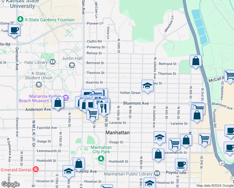 map of restaurants, bars, coffee shops, grocery stores, and more near 1001 Vattier Street in Manhattan