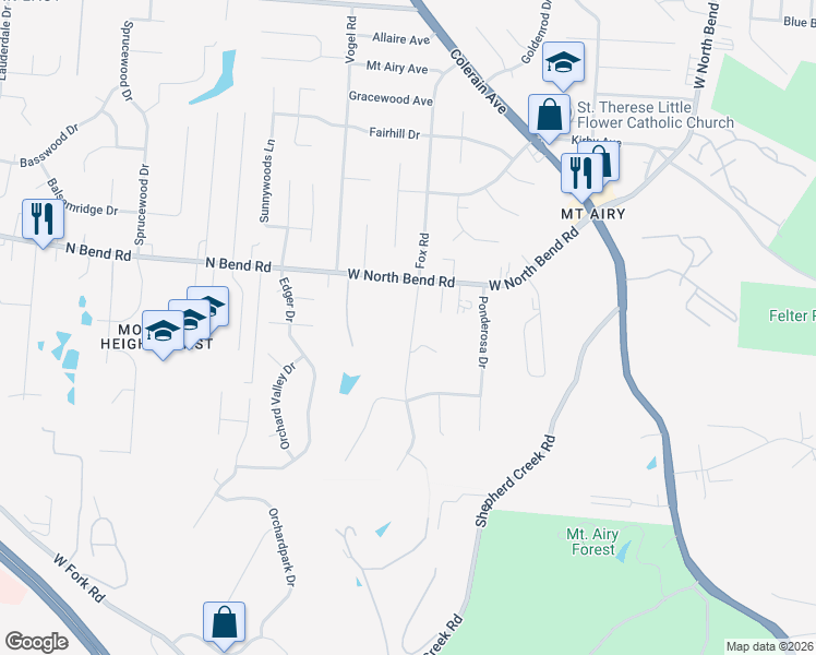 map of restaurants, bars, coffee shops, grocery stores, and more near 5339 Fox Road in Cincinnati