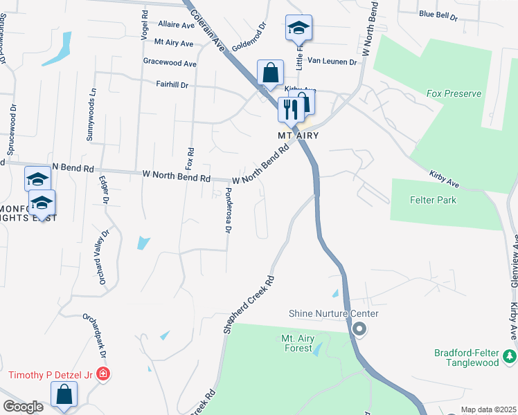 map of restaurants, bars, coffee shops, grocery stores, and more near 5293 East Knoll Court in Cincinnati