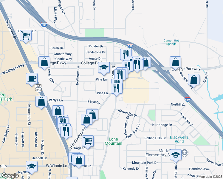 map of restaurants, bars, coffee shops, grocery stores, and more near 3218 North Roop Street in Carson City