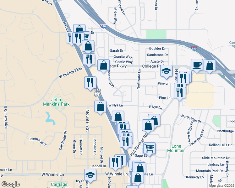 map of restaurants, bars, coffee shops, grocery stores, and more near 3100 Imperial Way in Carson City