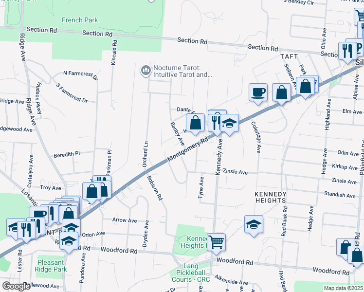 map of restaurants, bars, coffee shops, grocery stores, and more near 6603 Bantry Avenue in Cincinnati