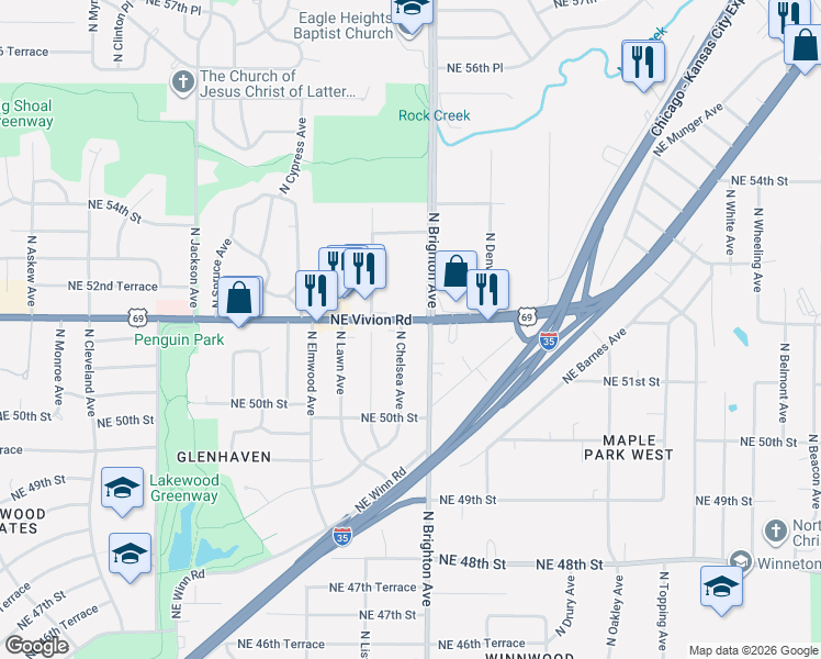 map of restaurants, bars, coffee shops, grocery stores, and more near 5128 North Chelsea Avenue in Kansas City