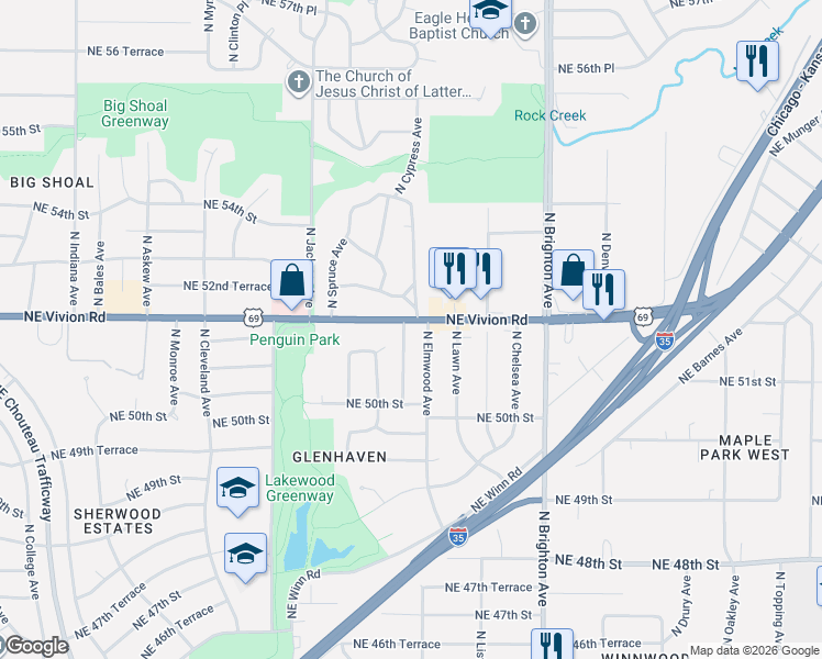 map of restaurants, bars, coffee shops, grocery stores, and more near 5126 North Cypress Avenue in Kansas City
