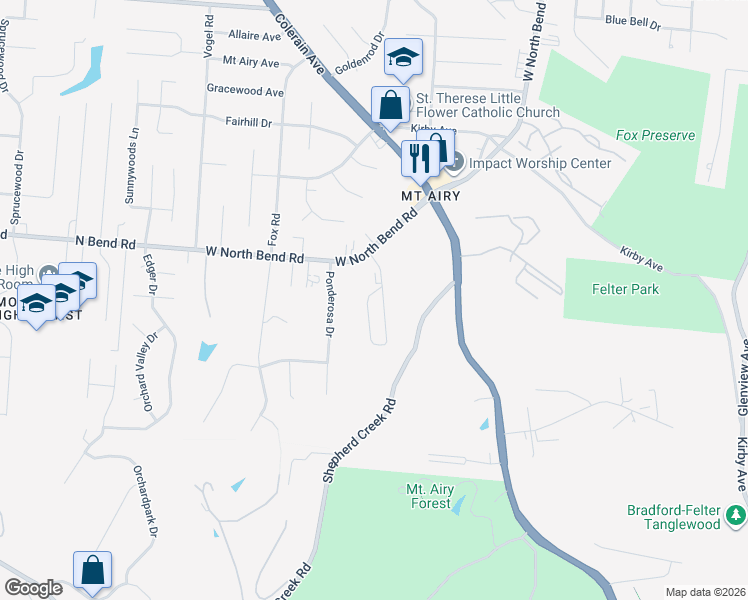 map of restaurants, bars, coffee shops, grocery stores, and more near 5317 East Knoll Court in Cincinnati