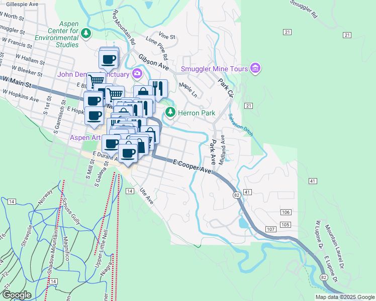 map of restaurants, bars, coffee shops, grocery stores, and more near 1016 East Hyman Avenue in Aspen