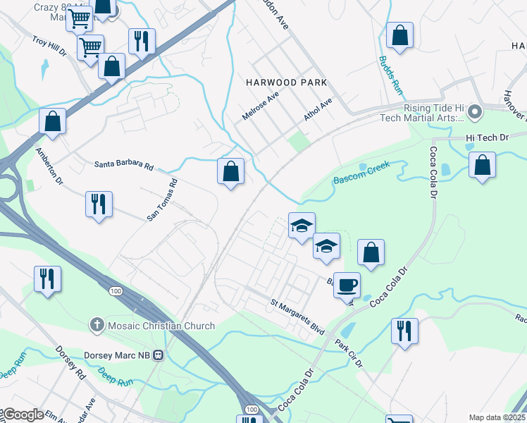map of restaurants, bars, coffee shops, grocery stores, and more near 7107 Littlemore Way in Elkridge
