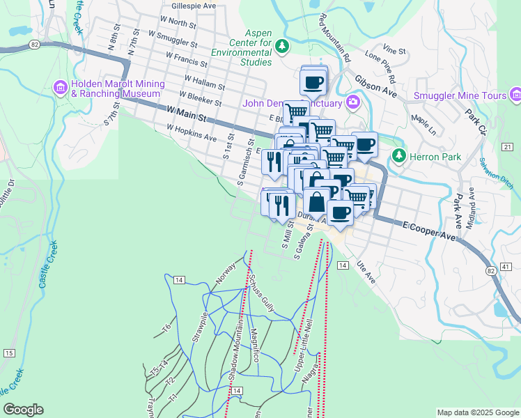 map of restaurants, bars, coffee shops, grocery stores, and more near 205 East Durant Avenue in Aspen