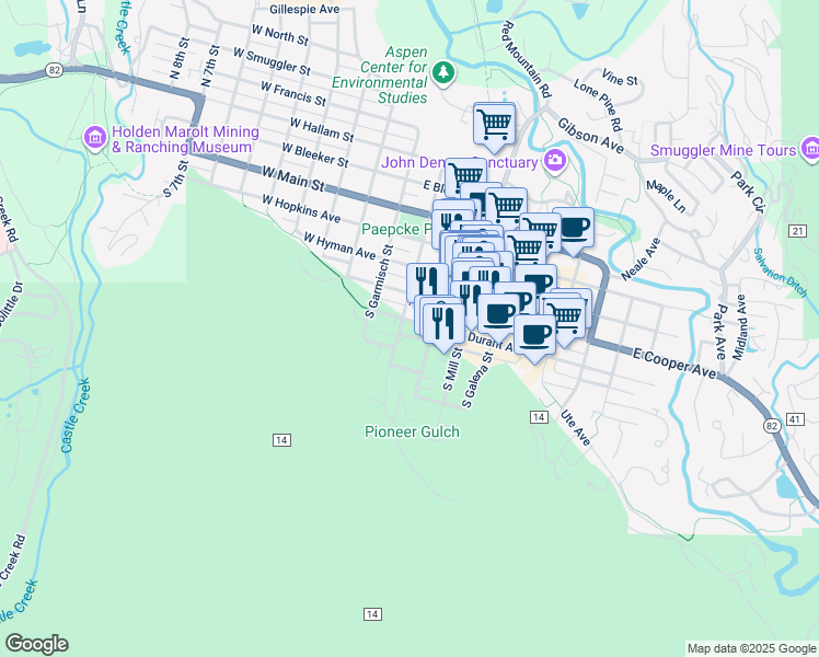 map of restaurants, bars, coffee shops, grocery stores, and more near 205 East Durant Avenue in Aspen