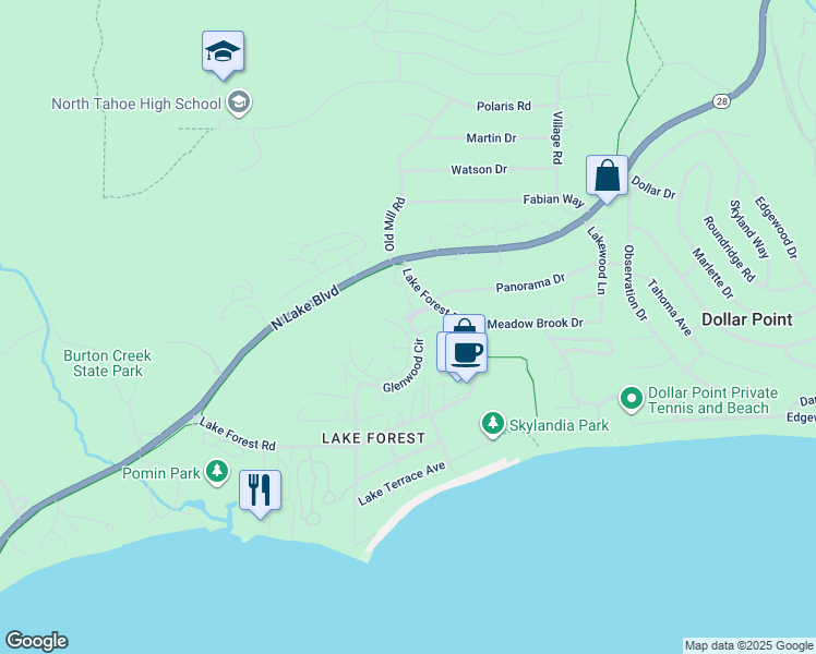 map of restaurants, bars, coffee shops, grocery stores, and more near 3101 Lake Forest Road in Tahoe City
