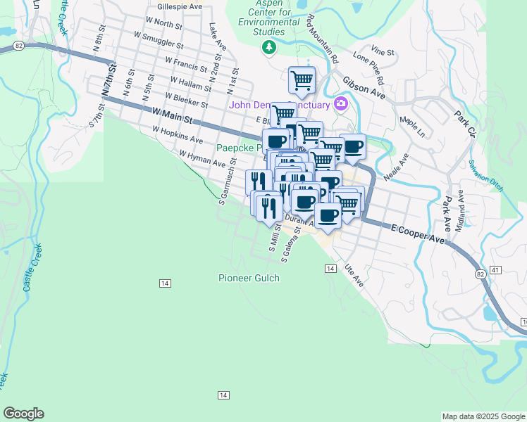map of restaurants, bars, coffee shops, grocery stores, and more near 303 East Durant Avenue in Aspen