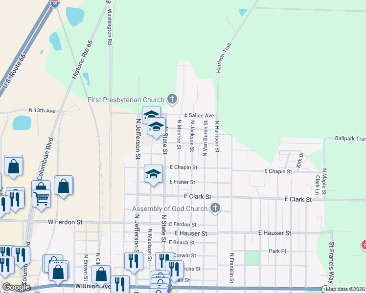 map of restaurants, bars, coffee shops, grocery stores, and more near 1620 North Monroe Street in Litchfield