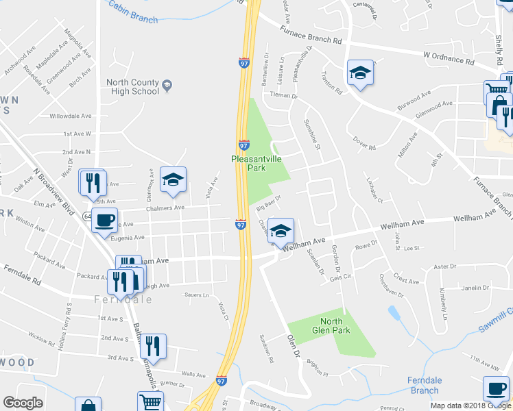 map of restaurants, bars, coffee shops, grocery stores, and more near 1014 Big Baer Drive in Glen Burnie