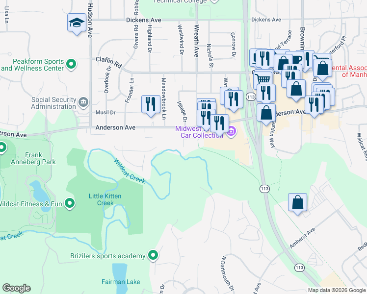 map of restaurants, bars, coffee shops, grocery stores, and more near 901 Village Drive in Manhattan