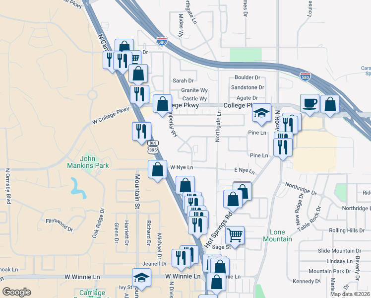 map of restaurants, bars, coffee shops, grocery stores, and more near 3100 Imperial Way in Carson City