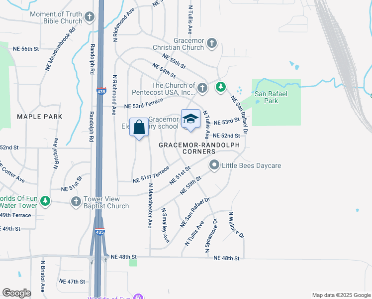 map of restaurants, bars, coffee shops, grocery stores, and more near 5125 North Sycamore Drive in Kansas City