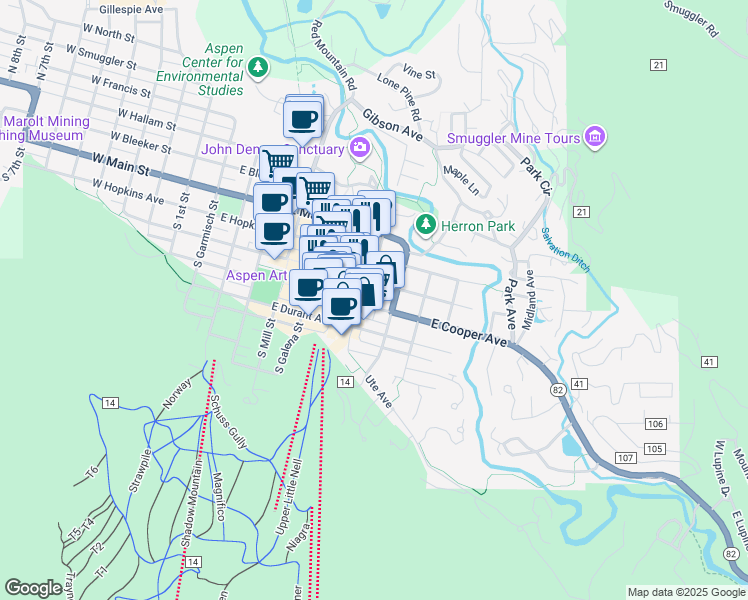 map of restaurants, bars, coffee shops, grocery stores, and more near 685 East Cooper Avenue in Aspen