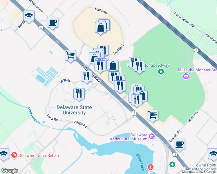 map of restaurants, bars, coffee shops, grocery stores, and more near 1045 North Dupont Highway in Dover