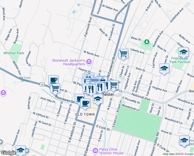 map of restaurants, bars, coffee shops, grocery stores, and more near 327 North Loudoun Street in Winchester
