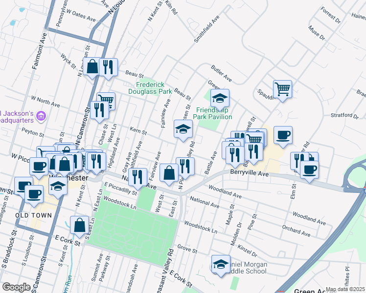 map of restaurants, bars, coffee shops, grocery stores, and more near 550 Virginia Avenue in Winchester