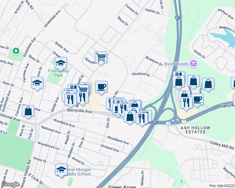 map of restaurants, bars, coffee shops, grocery stores, and more near 627 Fort Collier Road in Winchester