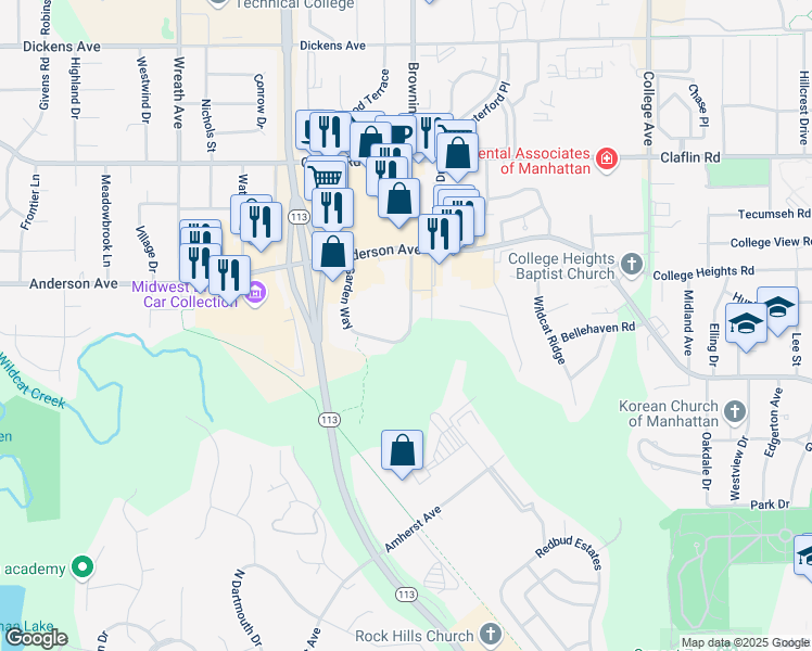 map of restaurants, bars, coffee shops, grocery stores, and more near 922 Garden Way in Manhattan