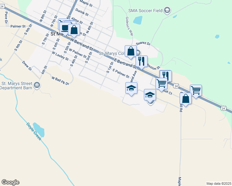 map of restaurants, bars, coffee shops, grocery stores, and more near 203 Park Avenue in Saint Marys