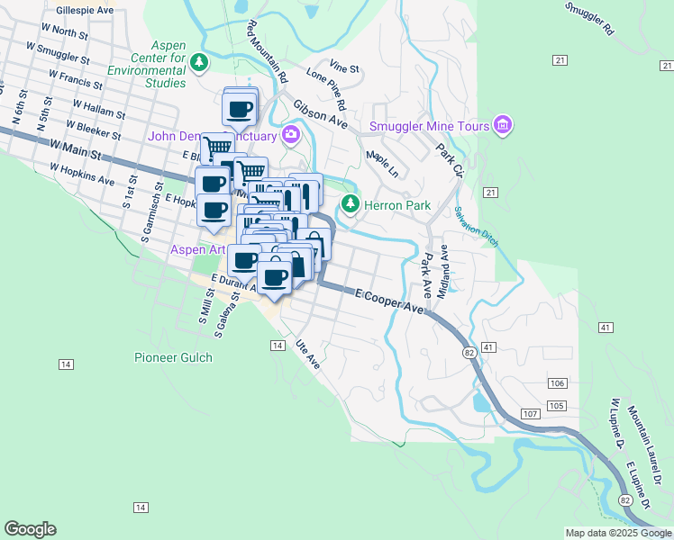map of restaurants, bars, coffee shops, grocery stores, and more near 802 East Cooper Avenue in Aspen
