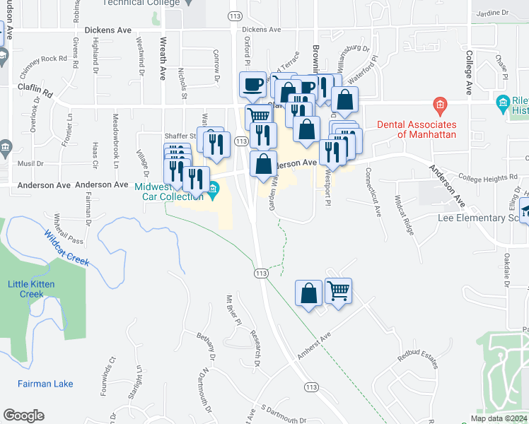 map of restaurants, bars, coffee shops, grocery stores, and more near 1119 Garden Way in Manhattan