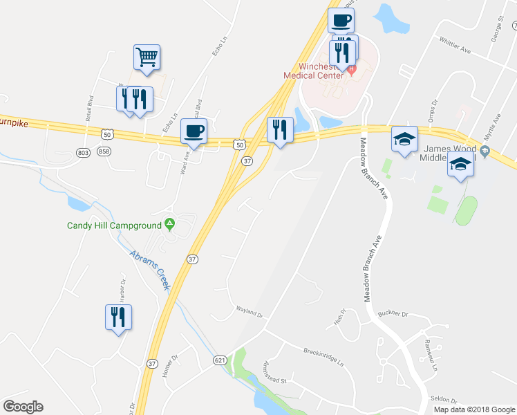 map of restaurants, bars, coffee shops, grocery stores, and more near 1915 Wayland Drive in Winchester