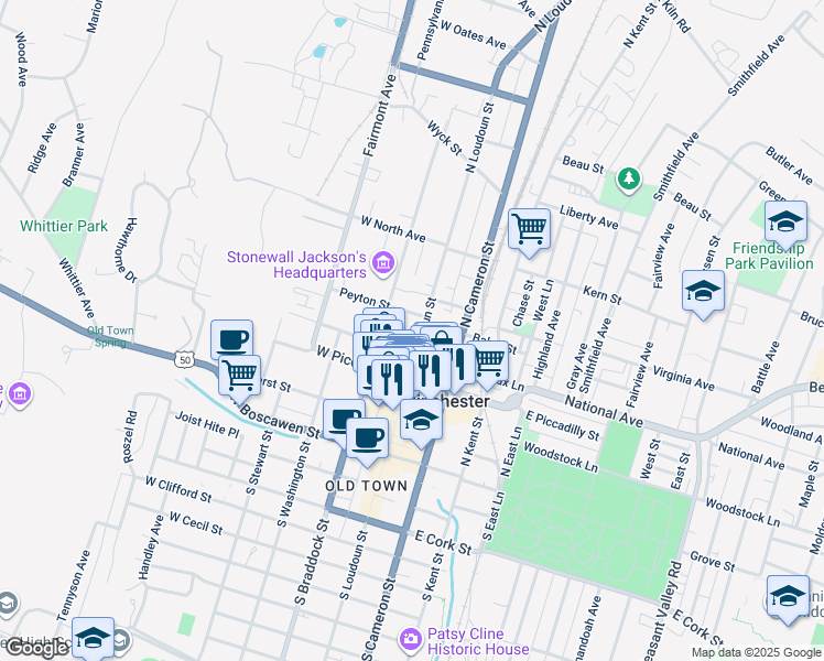 map of restaurants, bars, coffee shops, grocery stores, and more near 327 North Loudoun Street in Winchester