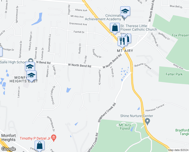 map of restaurants, bars, coffee shops, grocery stores, and more near 2741 West North Bend Road in Cincinnati