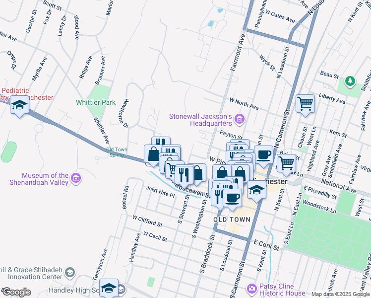 map of restaurants, bars, coffee shops, grocery stores, and more near 117 Morgan Street in Winchester