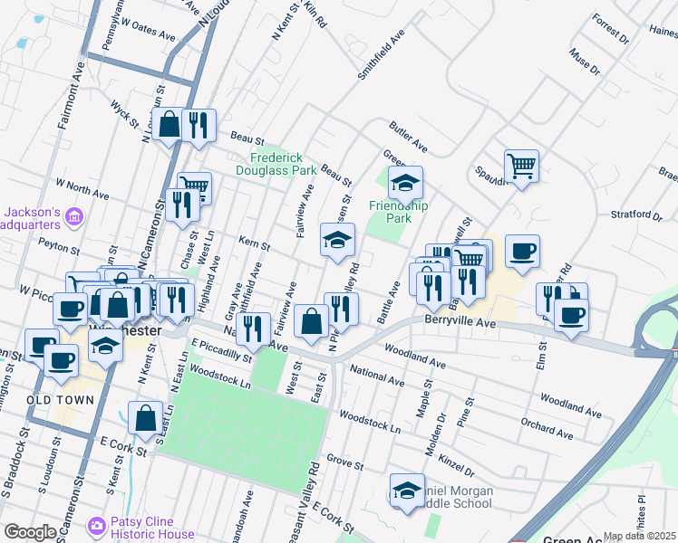 map of restaurants, bars, coffee shops, grocery stores, and more near 550 Virginia Avenue in Winchester