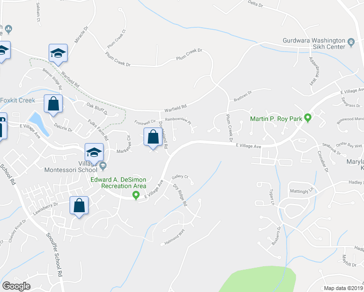 map of restaurants, bars, coffee shops, grocery stores, and more near E Village Ave in Montgomery Village